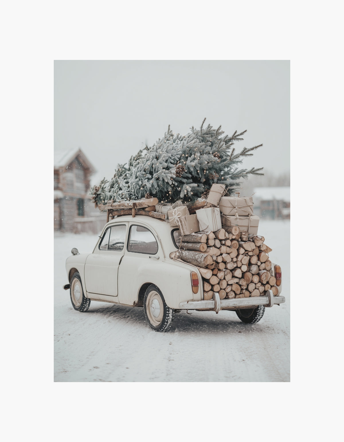 Plakat med vinterbil og juletræ
